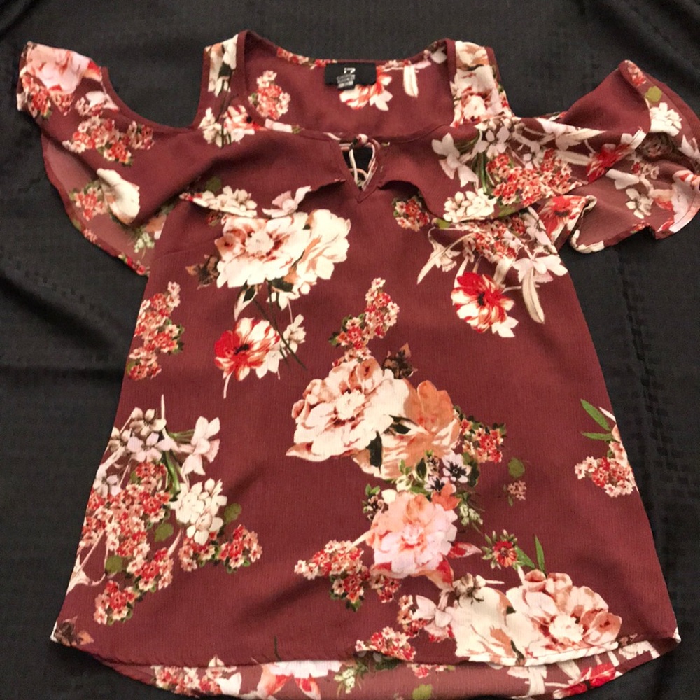 Red Floral Cold Shoulder Blouse